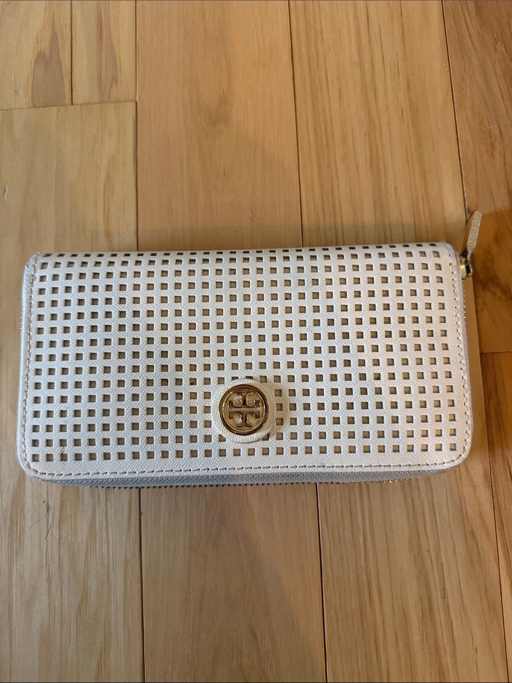 Tory Burch Vanilla Cream Robinson Perforated Zip-Around Wallet with Gold Logo
